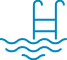 Icône stylisée bleue d'une piscine avec une échelle et des vagues, symbolisant un lieu de baignade ou une activité aquatique.