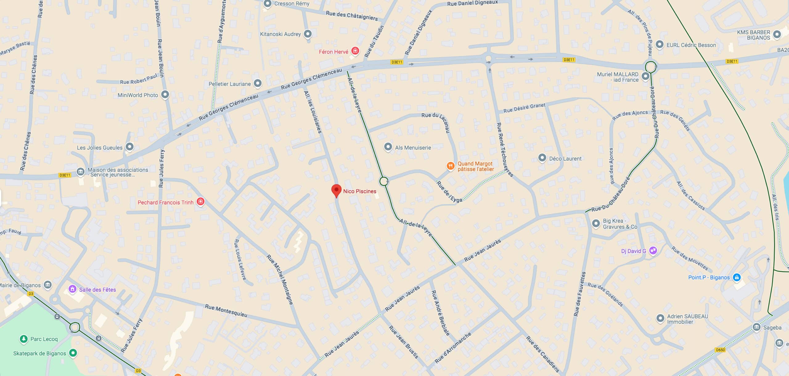Carte de Biganos avec la localisation de Nico Piscines (épingle rouge), rues comme Georges Clémenceau, Jean Jaurès, et commerces locaux.