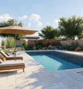 Piscine rectangulaire, chaises longues et parasol beige sur terrasse carrelée claire. Jardin désertique luxuriant, mur de pierre et ciel bleu.
