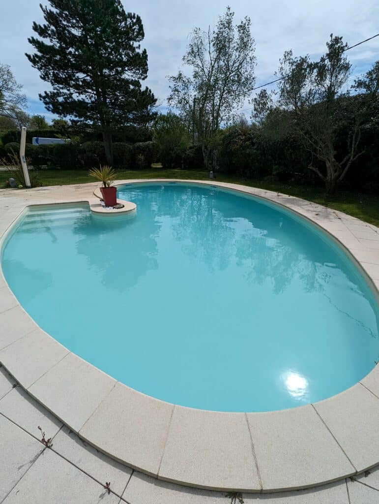 Piscine ovale aux eaux bleu turquoise, bordée de margelles claires, avec une plante en pot rouge près des marches d'accès, entourée de verdure.